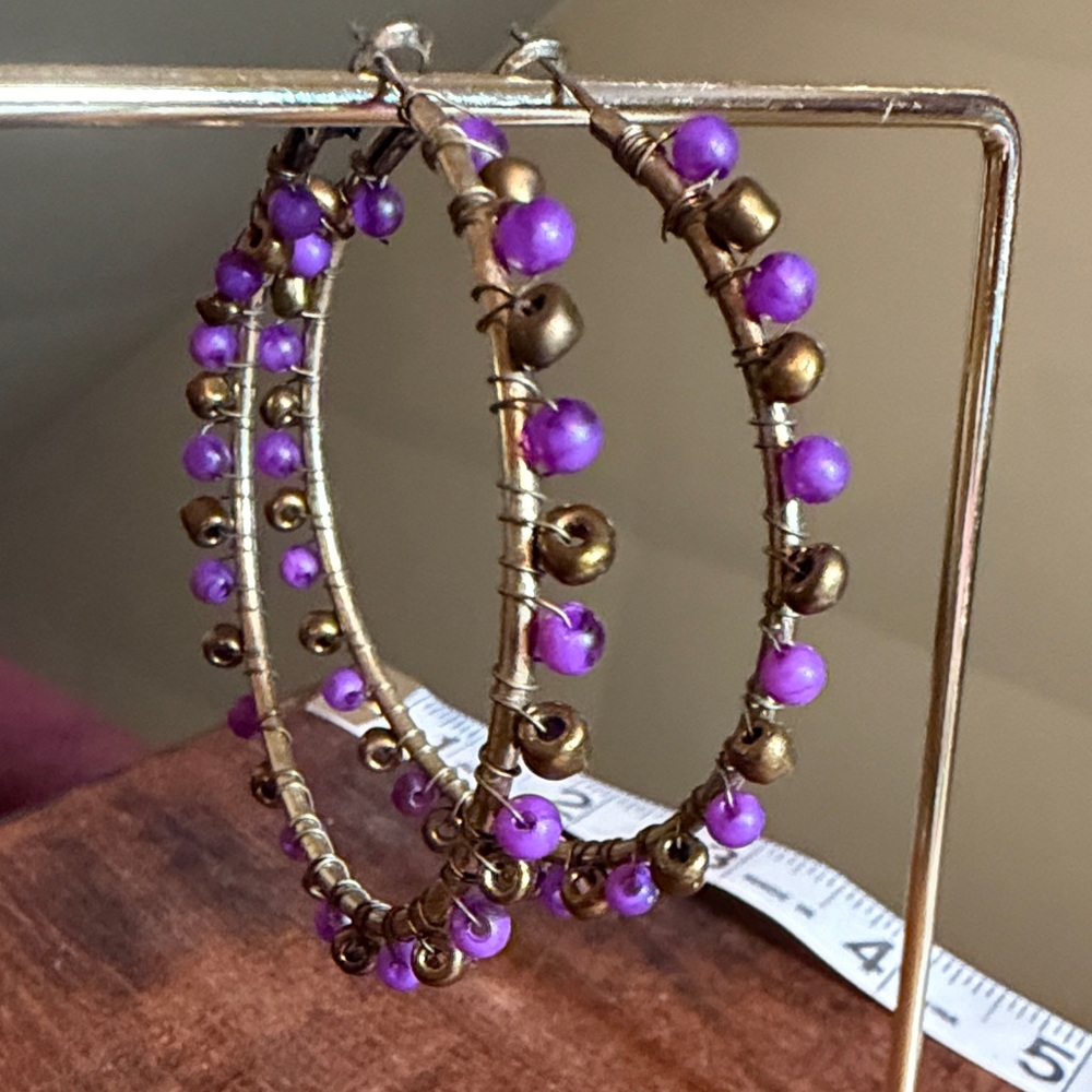 Vintage Purple and Gold Beaded Hoop Earrings Y2K - Picture 2 of 3